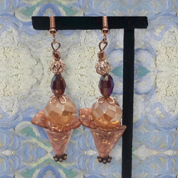 🎁⭐️Hand painted boho watercolor earrings-peach and copper drop - Picture 2 of 9